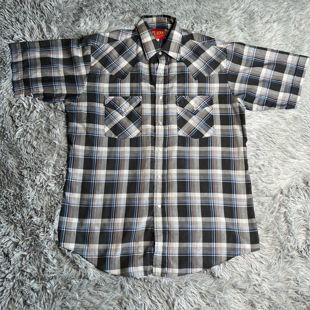 Plains Western Wear Shirt Mens Medium Pearl Snap Checkered Plaid Gray Blue